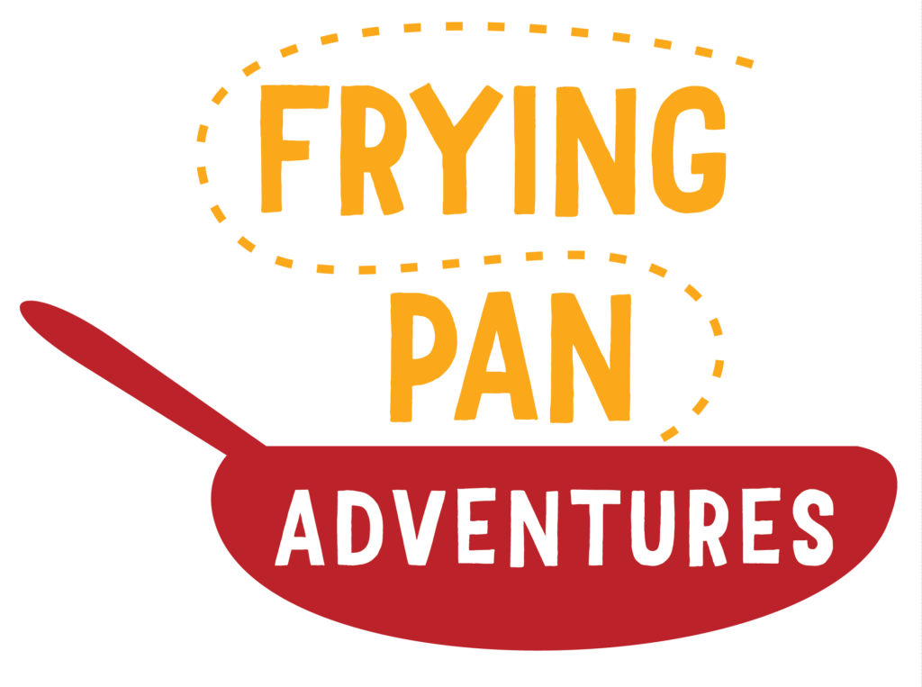 The logo for Frying Pan Adventures, a food tour company. The word adventures is written across a red frying pan.